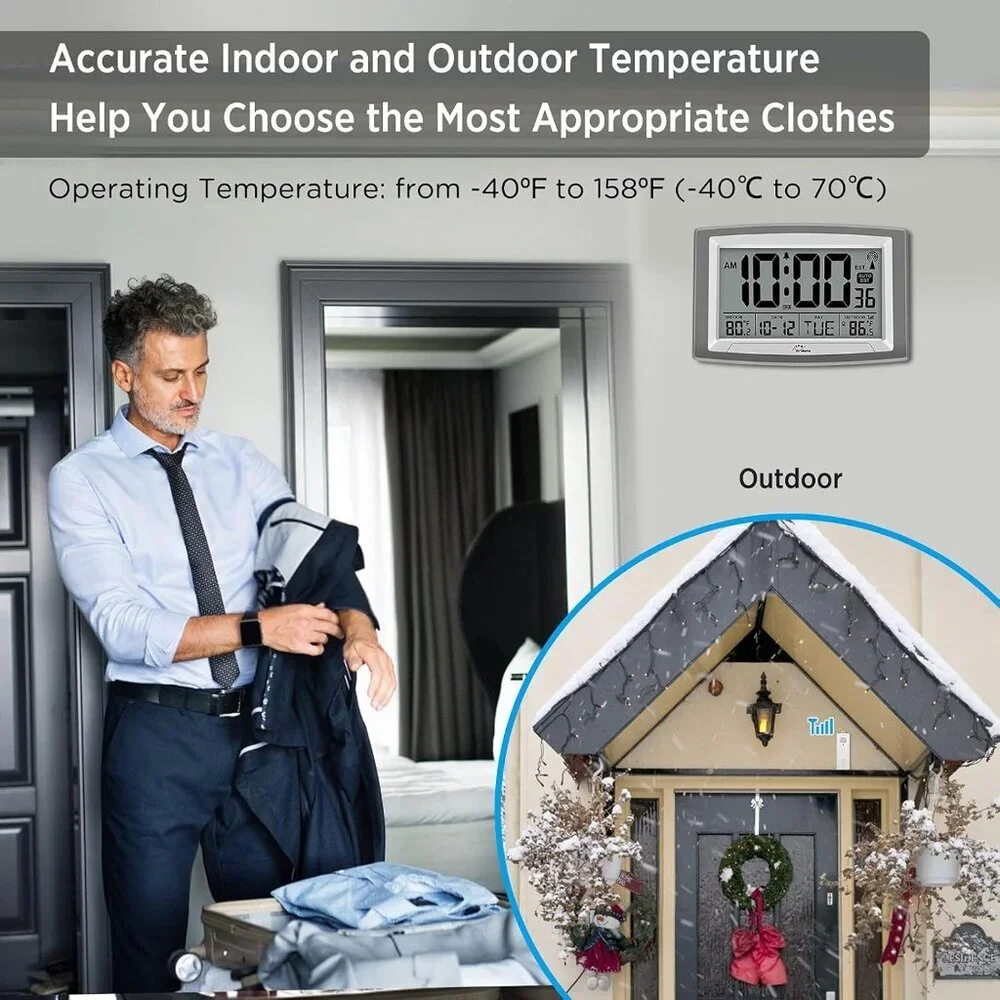 12.5-Inch Atomic Clock with Indoor/Outdoor Temperature - Stylish & Accurate